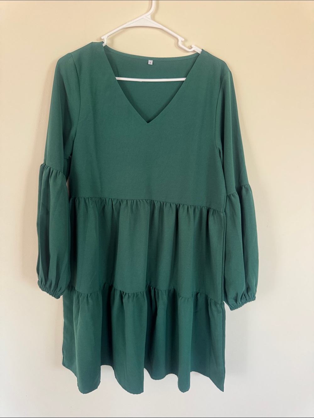 Tiered V-Neck Long Sleeve Dress in Forest Green